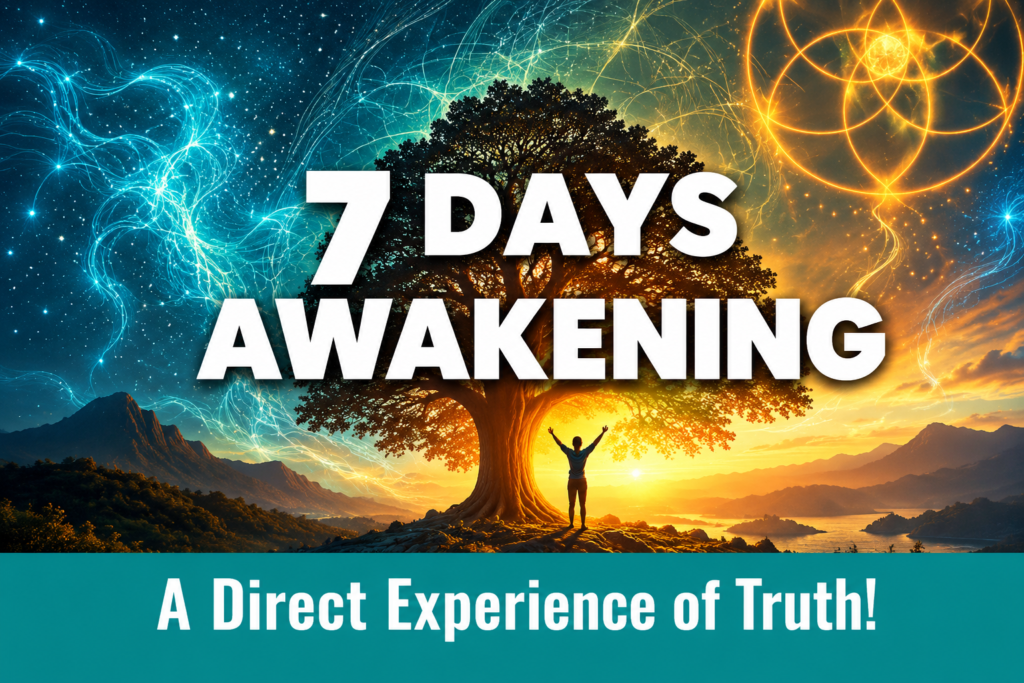 7 Days to Awakening course illustration featuring a glowing tree, a person with raised arms, and a colourful cosmic sky.