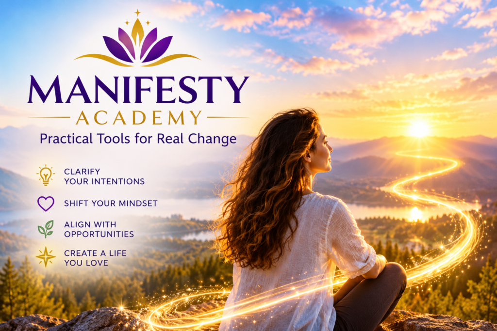 Manifesty Academy promotional graphic featuring a woman overlooking a golden sunrise, symbolizing personal growth, positive intentions, and new possibilities.