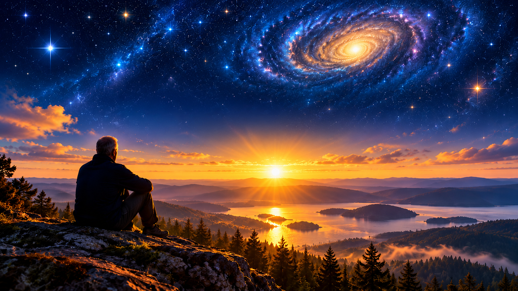Star-filled sky with a glowing spiral galaxy above a golden sunrise, overlooking a peaceful lake and a seated man contemplating the horizon.