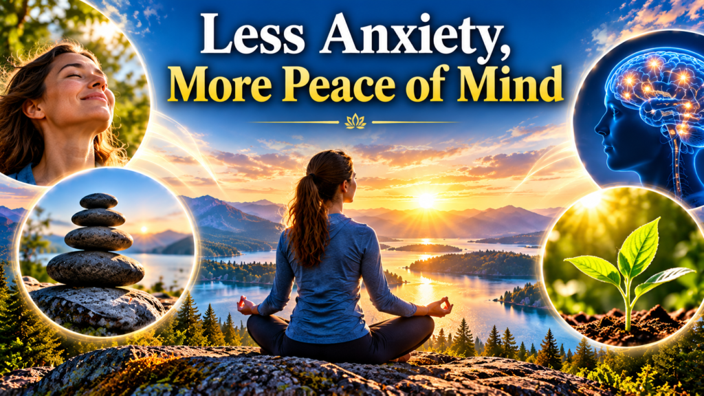 "Less Anxiety, More Peace of Mind — a woman meditating beside a peaceful mountain lake at sunrise, surrounded by images symbolizing relaxation, mental clarity, balance, and personal growth."