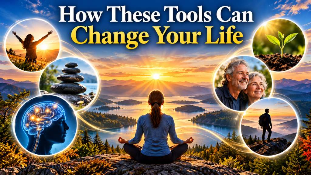 "How These Tools Can Change Your Life — a woman meditating beside a mountain lake at sunrise, surrounded by images symbolizing inner peace, mental clarity, personal growth, happiness, and wellbeing."