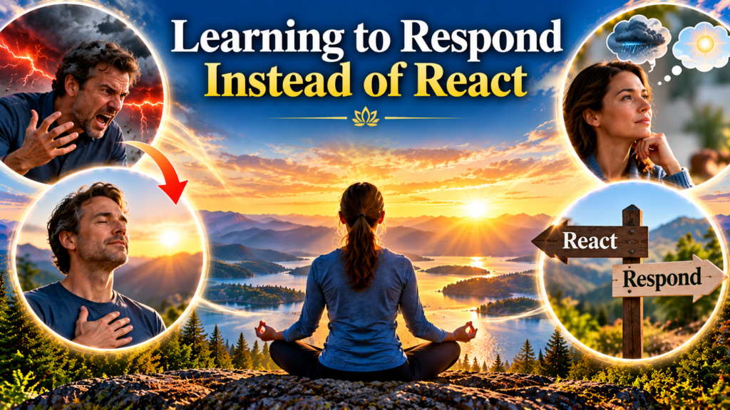 "Learning to Respond Instead of React — a woman meditating beside a peaceful mountain lake at sunrise, surrounded by images illustrating the transformation from anger and emotional reactions to calmness, mindfulness, and thoughtful responses."