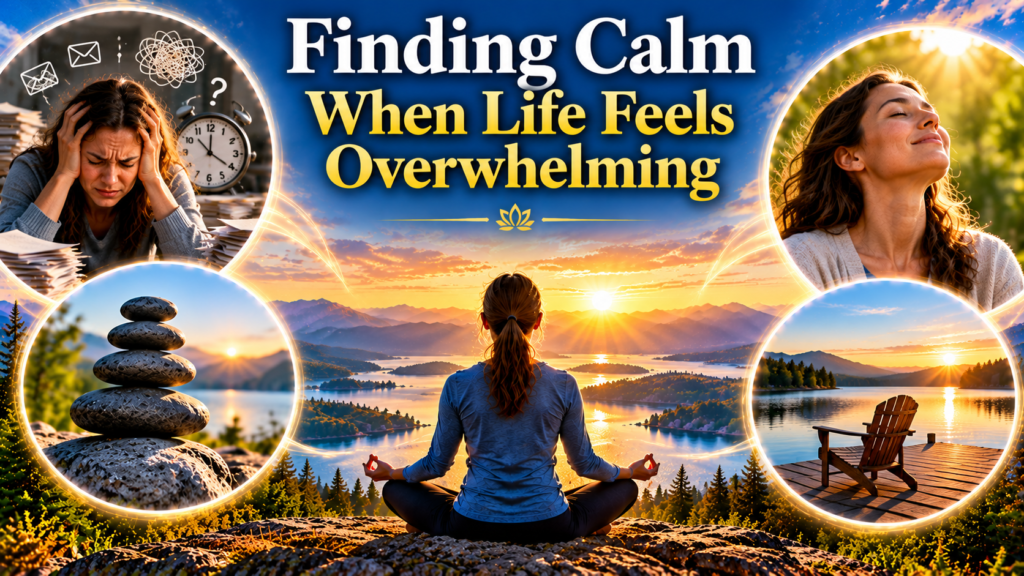 "Finding Calm When Life Feels Overwhelming — a woman meditating beside a mountain lake at sunset, surrounded by images contrasting stress and anxiety with relaxation, inner peace, mindfulness, and tranquility."