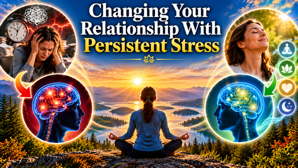 "Changing Your Relationship With Persistent Stress — a woman meditating beside a mountain lake at sunset, surrounded by images showing the transition from chronic stress and mental overload to relaxation, emotional balance, and inner peace."