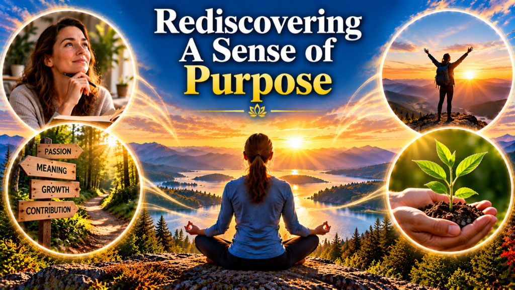 "Rediscovering a Sense of Purpose — a woman meditating beside a mountain lake at sunset, surrounded by images symbolizing personal growth, self-reflection, achievement, passion, meaning, and finding direction in life."