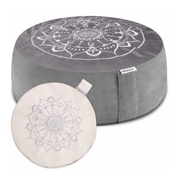 Grey Hihealer meditation cushion with white mandala design and matching round pillow