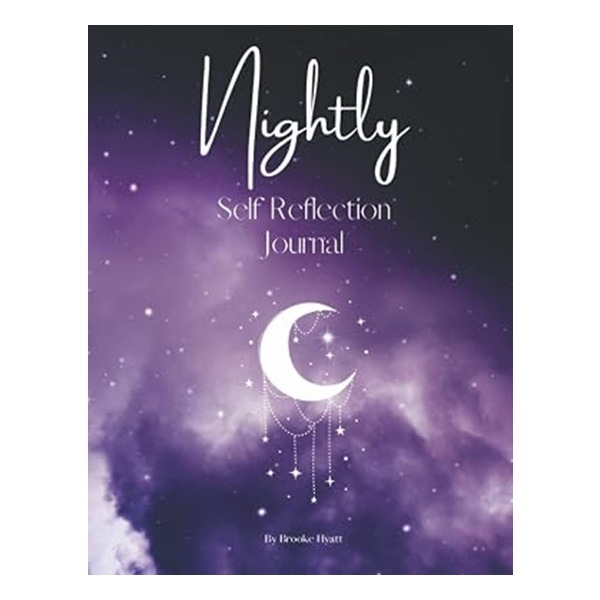 Nightly Self Reflection Journal with purple starry sky, glowing crescent moon and hanging stars