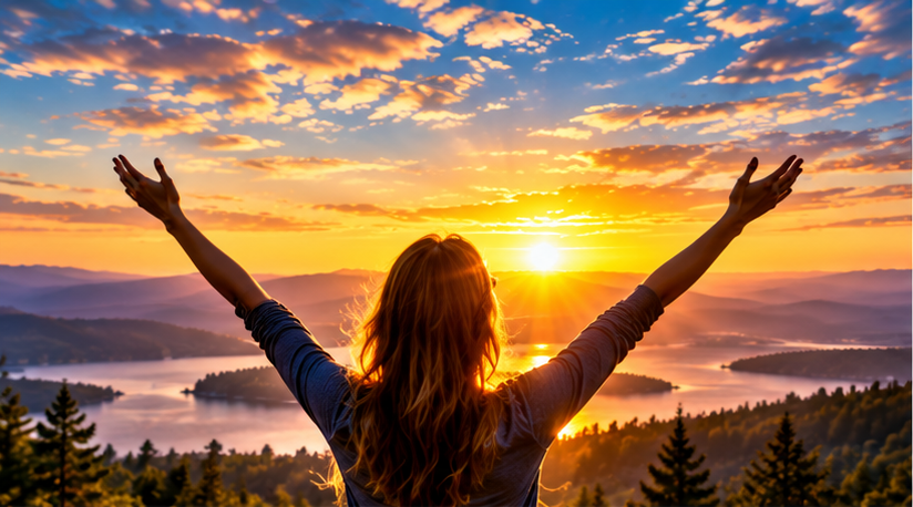 Woman raising her arms toward a sunrise over a mountain lake, symbolizing personal transformation.