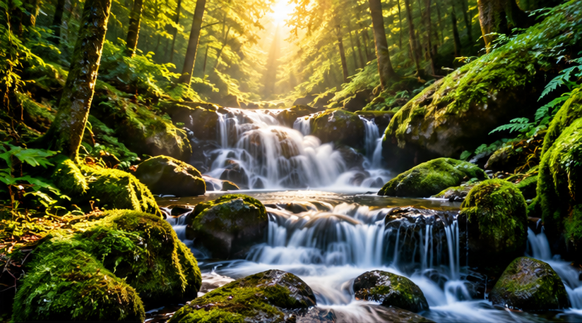 Sunlit forest waterfall surrounded by lush green moss and trees.