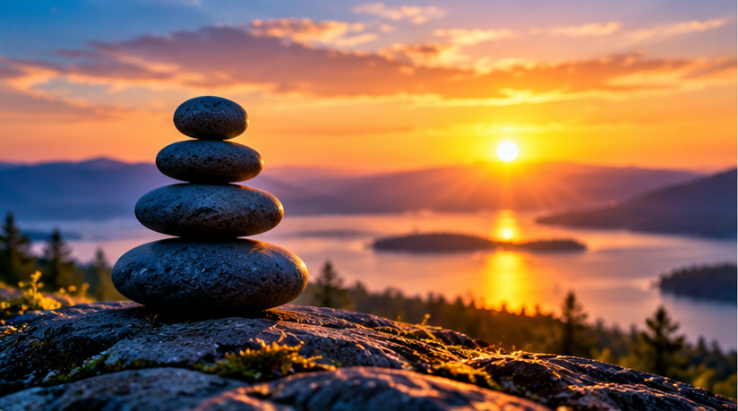 Stacked stones at sunset overlooking a peaceful lake, symbolizing balance and inner peace.