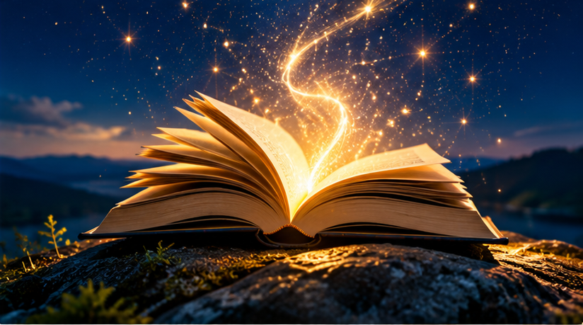 Open book glowing with golden light and stars, symbolizing knowledge and discovery.