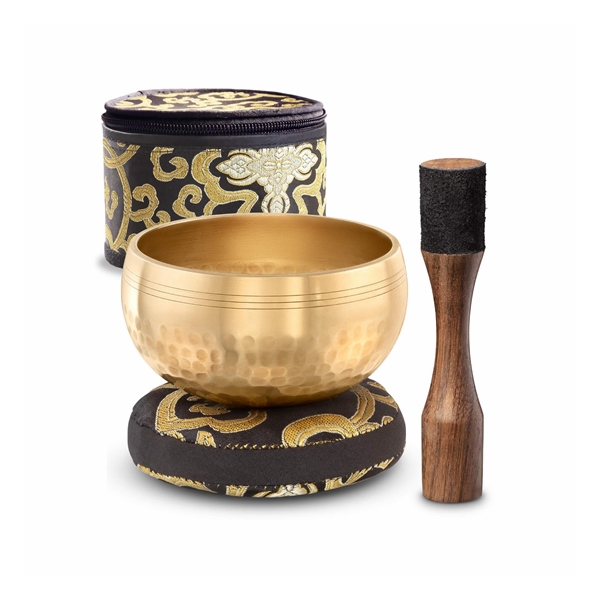 Tibetan singing bowl set with gold bowl, striker and decorative cushions